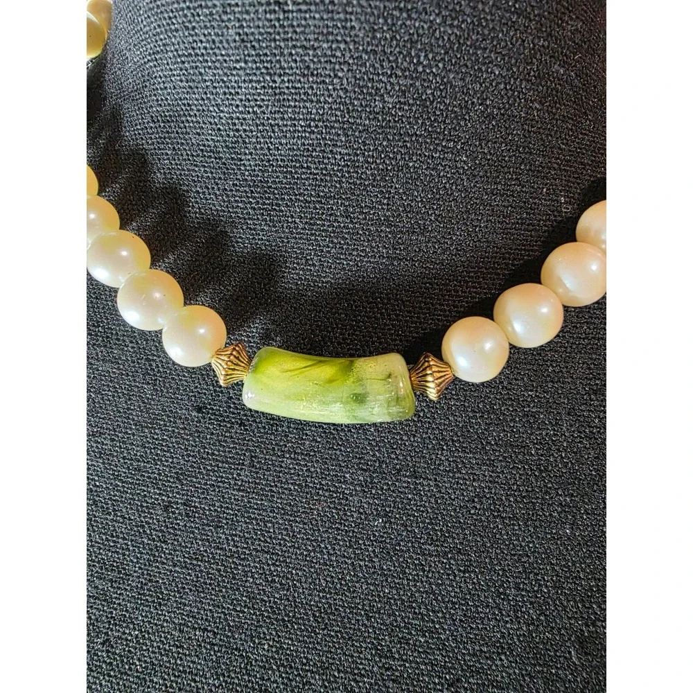 Vintage Faux Pearl and Faux Jade Statement Cocktail Necklace Boho Chic Green
